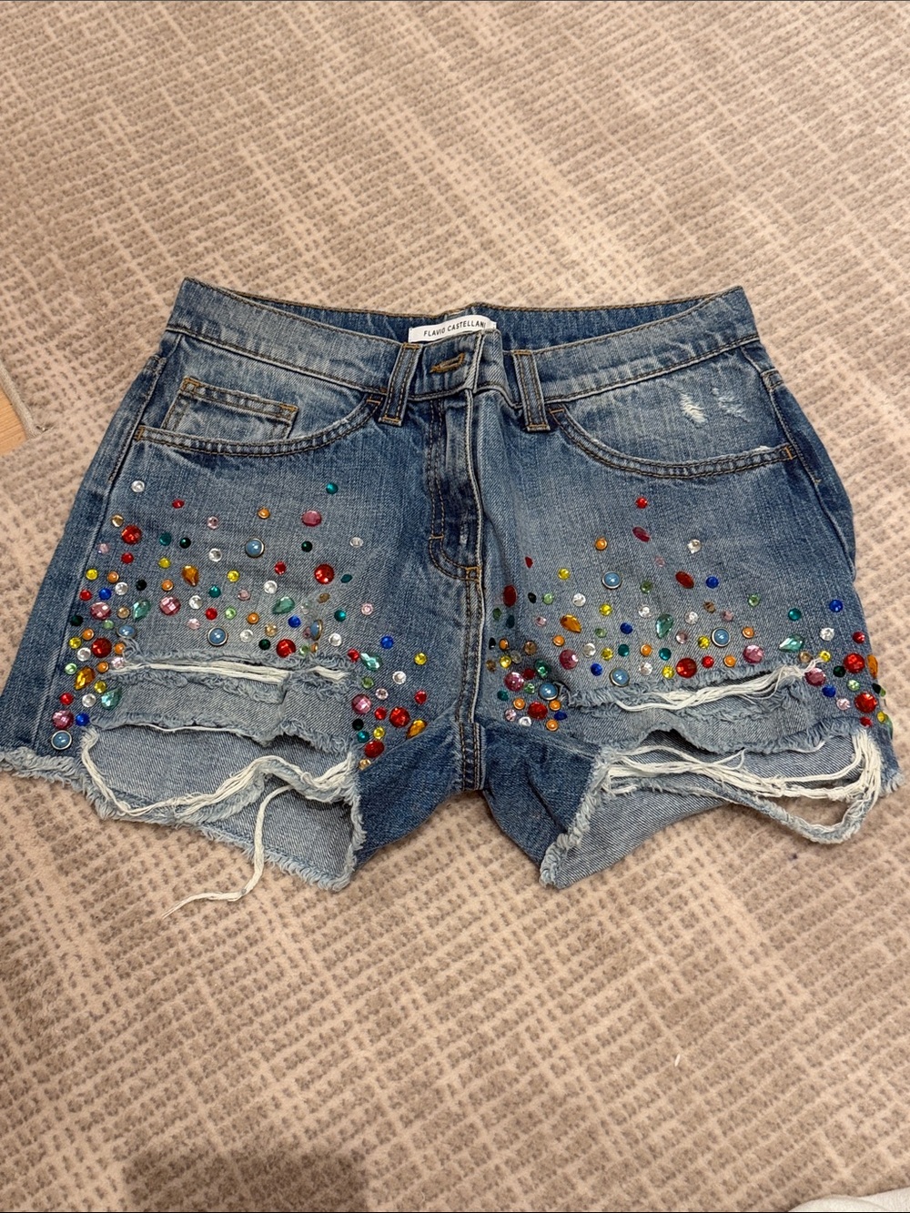 Beaded Distressed Denim Shorts - Blue